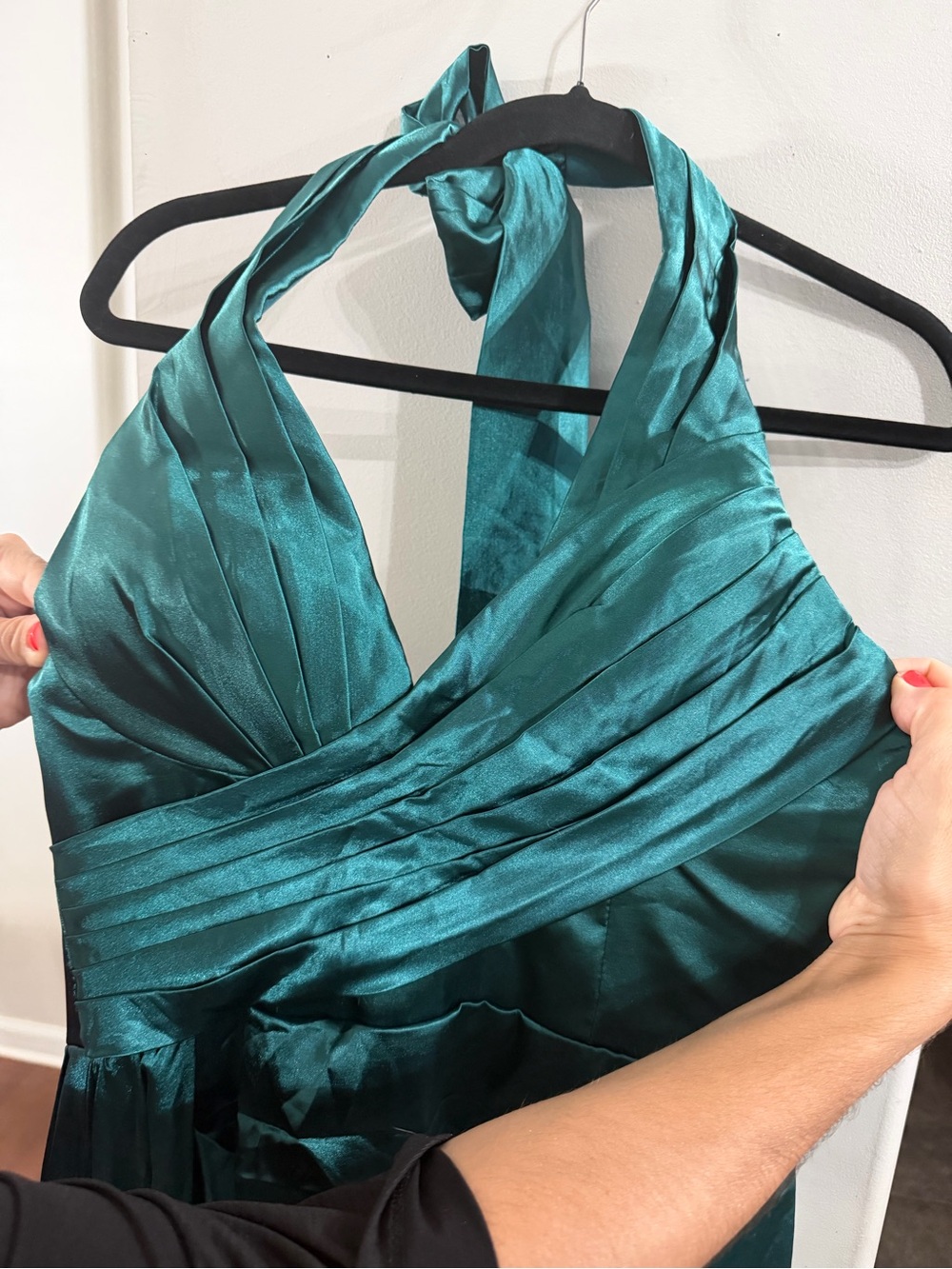 Emerald Green Halter Satin Prom Dress with Pleated Bodice